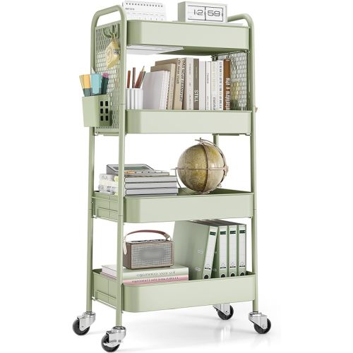 TOOLF 4 Tier Rolling Cart with Pegboard, Metal Storage Organizer Cart with Wheels, Hooks & Bins Esthetician Craft Art Sturdy Storage for Bathroom, Kitchen, Office, Nursery Diaper