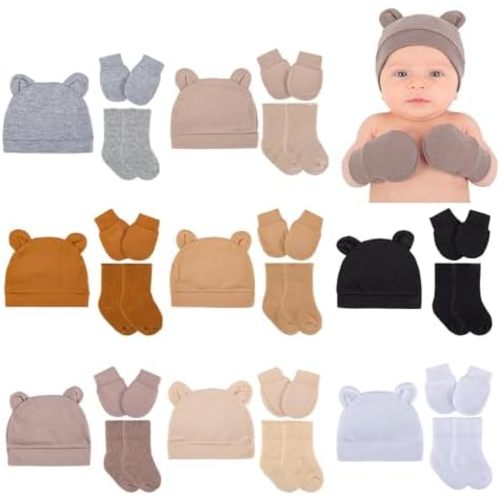8 Pack Newborn Preemie Mittens Hats Socks Set - Unisex Beanie with Bear Ears,Cotton,NICU Essentials for Baby Girl Boy