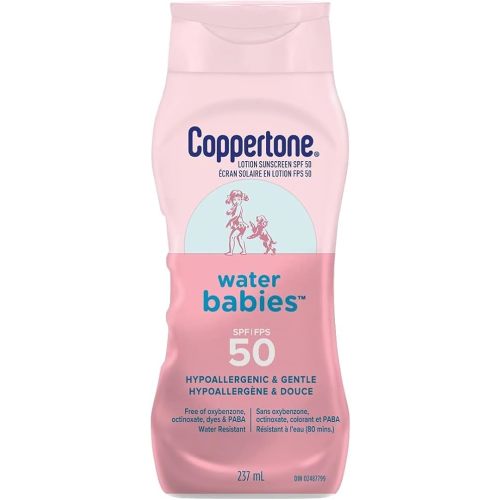 Coppertone Waterbabies Baby Sunscreen Lotion SPF 50, Gentle and Hypoallergenic Sunscreen for Babies, Water Resistant Sunscreen Baby Lotion, Octinoxate and Oxybenzone Free, 237mL