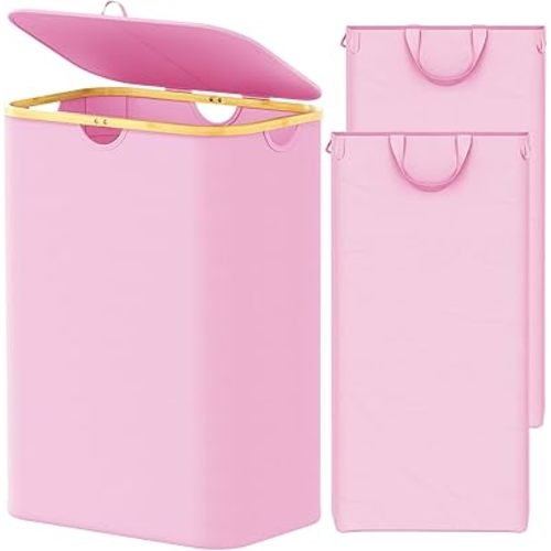 SpaceAid Double Laundry Hamper 2 Section with Lid and Removable Laundry Bags, 160L Clothes Basket with Bamboo Handles, Large Collapsible Hamper for Bedroom, Bathroom, Dorm, Laundry Room - Pink