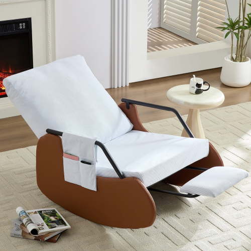 ZAFLY Rocking Accent Chair, Glider Reading Chair with Footrest, Comfy Corduroy Single Sofa for Living Room/Nursery/Bedroom - White