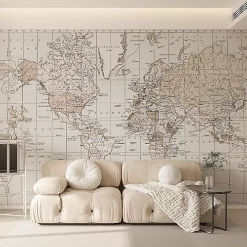 HueBurst Beige Vintage World Map Wall Mural Peel and Stick 133" W x 110" H