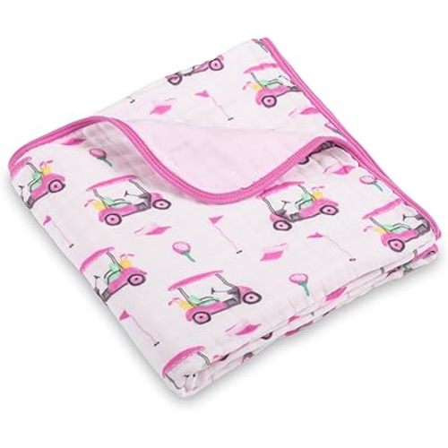 LollyBanks Muslin Baby Blanket, 100% Cotton Baby Quilt for Girls, Large 47 x 47 Inches, 6 Layers Soft and Breathable Toddler Blanket, Cozy Newborn Nursery Blankets, Registry (Pink Golf Print)