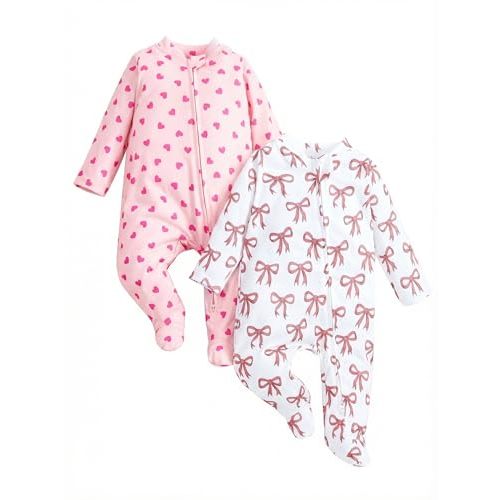 2 Pcs One-Piece Footed Jumpsuits - 2-Way Zipper, Soft & Durable Baby Sleepers for Boys Girls, Easy Care