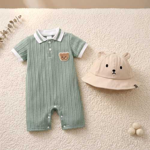 Bear Gift Set, Cable-Knit Romper & Bucket Hat, Baby Shower Gift, Newborn Polo Outfit