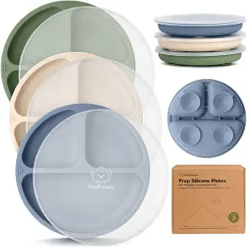 KeaBabies Suction Plates with Lids for Baby, 3pk, BPA-Free Silicone, Slate
