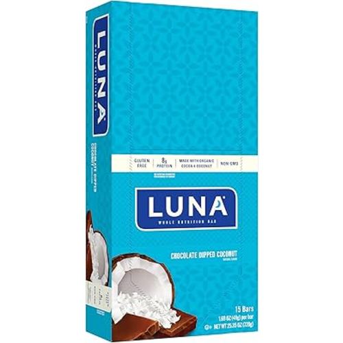 LUNA BAR - Gluten Free Snack Bars - Chocolate Dipped Coconut Flavor -8g of protein - Non-GMO - Plant-Based Wholesome Snacking - On the Go Snacks (1.69 Ounce Snack Bars, 15 Count)