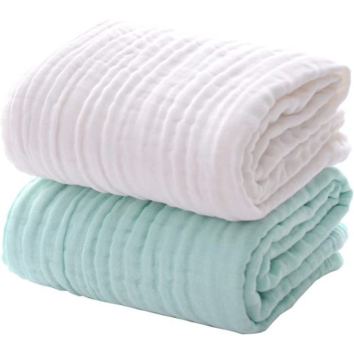 MUKIN Baby Bath Towels, Super Soft Cotton Receiving Blanket for Baby's Delicate Skin,2Pack Swaddle Blanket for Newborns Toddlers Boy Girl,Baby Registry as Shower (White+Green)
