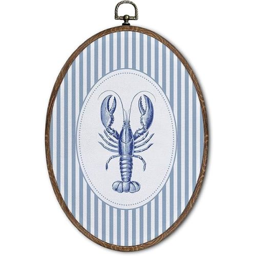 FLAWAFLOMA Vintage Nautical Nursery Oval Wall Art Decor, Kids Room Canvas Wall Art Framed, Retro Crayfish Hanging Decorations for Kids Toddler Boy Nursery Room Playroom Decor, 8.6x11.4 Inch