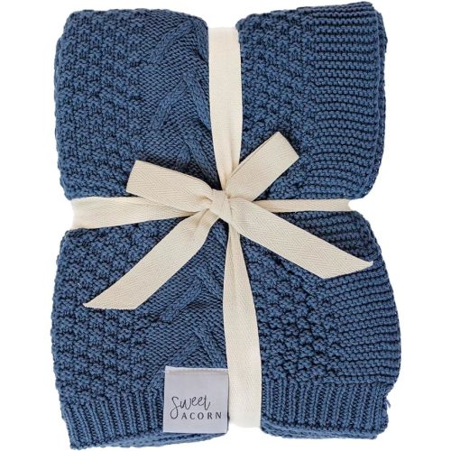Knit Baby Blanket in Cable Pattern, Organic Cotton Blankets for Crib or Stroller, Receiving Blankets - Bay Blue