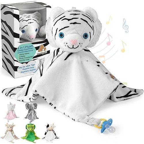 Love By Emi 4 in 1 Baby Lullaby Sleep Soother Toy - Stuffed Animal Sound Machine & Pacifier Holder | Heartbeat White Noise & Music | Plush White Tiger Lovey Sleep Aid Security Blanket (0-3 Years)