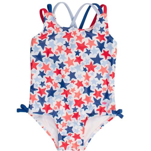RuffleButts Girls UPF50+ Sun Protected Cross-Back One Piece - Shimmer Star-Spangled, 6-12m