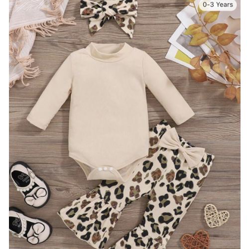 Spring And Autumn Style, Baby Girl, Casual, Elegant, Fashionable, Light And Comfortable, Clothing Set, Solid Color, Flying Shoulders, Long Sleeve Bodysuit, Camouflage Leopard Print Flared Pants, Bandana, Three Pieces Set | SHEIN USA