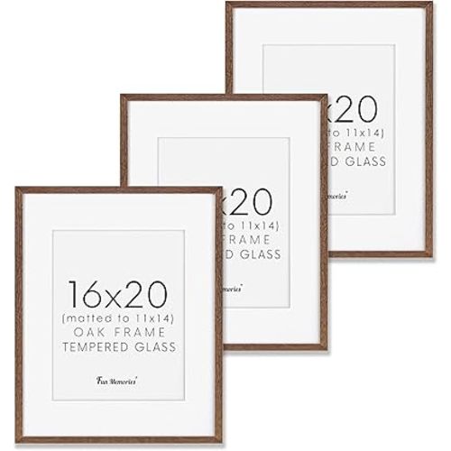 16x20 Picture Frames Set of 3, 16 x 20 Solid Oak Wood Frame for Wall, 16 x 20 Picture Frame with Tempered Glass, 16x20 Frame Matted to 11x14, Rustic Wood 16 by 20 Frames, Walnut Color