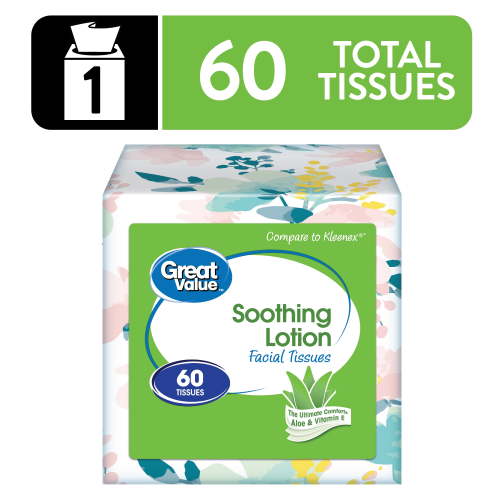 Great Value Soothing Lotion Facial Tissues, 60 Tissues per Cube, 3-Ply, with Aloe and Vitamin E