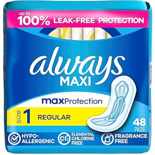 Always Maxi Feminine Pads Without Wings for Women, Size 1, Regular Absorbency, Unscented 48 Count
