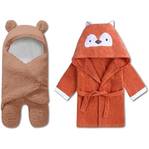 BlueMello Baby Swaddle Blanket & Fox Bathrobe Bundle | Ultra-Soft Plush Essential for Infants 0-6 Months | Ideal Newborn Registry and Toddler Boy Accessories| Perfect Baby Girl Shower Gift