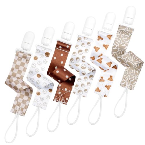 BUNNYBEE Neutral Pacifier Clip Set, 6 Pack Pacifier Holder Clip for Boys and Girls, Stylish and Practical Baby Binky Teethers, Baby Shower (Balanced Bears)