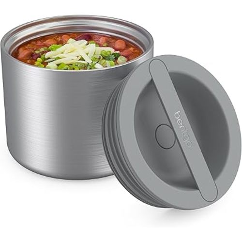 Bentgo Stainless Insulated Food Container - 2.4 Cups (19 oz), Triple-Layer Insulation, Vacuum Seal, Leak-Proof, Built-In Handle, Wide Opening, Premium Stainless Steel, for Cool/Warm Foods (Steel)