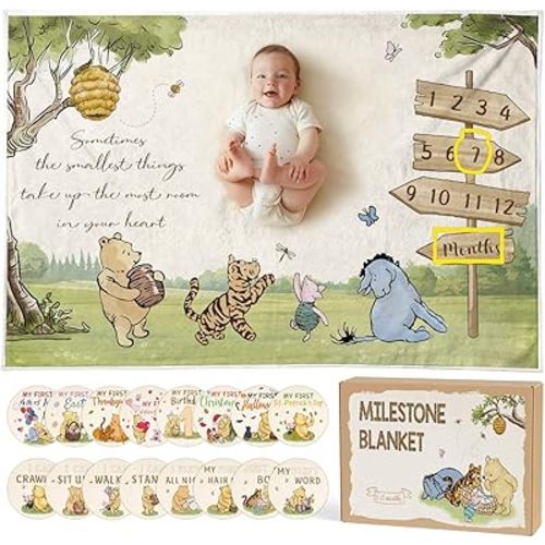 Classic Winnie Bear Baby Monthly Milestone Blanket, Neutral Vintage Bear Quotes Soft Flannel Milestone Blanket with Gift Box Holiday Signs Felt Marker for Winnie Nursery Decor Baby Stuff 60 x 40Inch