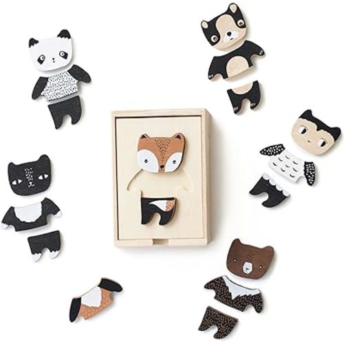 Wee Gallery Mix and Match Animal Tiles - A Modern Wooden Toy for Travel, Playtime, Creative Play, Motor Skills, Puzzle Skills, with Wood Storage Box (Ages 2 and up)