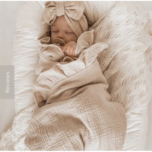 Organic Cotton Ruffled Muslin Baby Swaddle Blanket - White, Beige, Pink, Purple & Blue