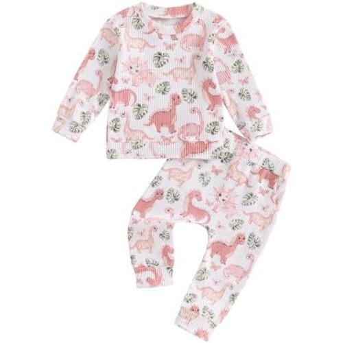 Toddler Baby Girl Fall Winter Clothes Dinosaur/Butterfly/Chicken Print Long Sleeve Crewneck Sweatshirt Pants Set