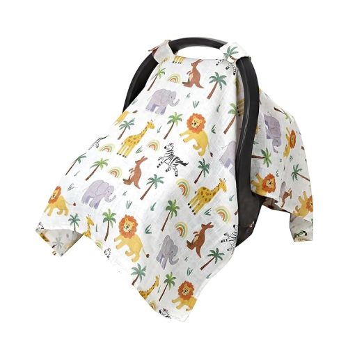 Baby Boy Car Seat Cover, 100% Muslin Cotton Infant Carseat Canopy, Soft Breathable Stroller Sun Shade & Newborn Shower Gift, Large Size Universal Fit Summer, Hot & Warm Weather (Forest Animals)