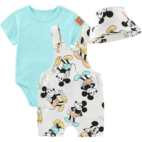 Disney Toy Story Mickey Mouse Pooh Baby Boys Shortall French Terry Overalls Bodysuit and Bucket Hat 3-Piece Set For Infants