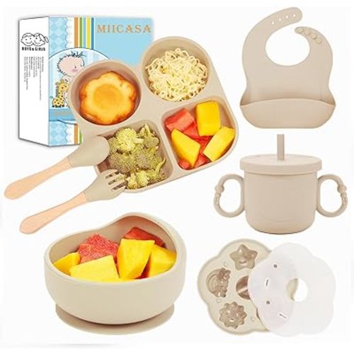 Silicone Baby Feeding Set, Baby Led Weaning Supplies, Baby Food Tableware Silicone Suction Plate, Bowl, Spoons, Fork, Waterproof Bib, Cup & Complementary Food Cake Mold, Baby Eating Utensils