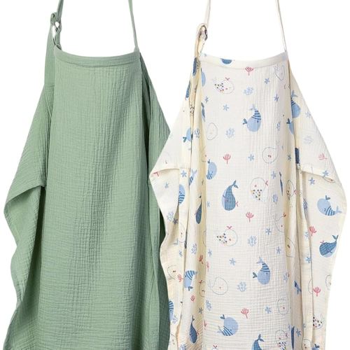 2-Pack Nursing Cover for Baby Breastfeeding - Muslin Breastfeeding Covers for Women Nursing, Breathable, Soft Arch Neckline, Green & Whale