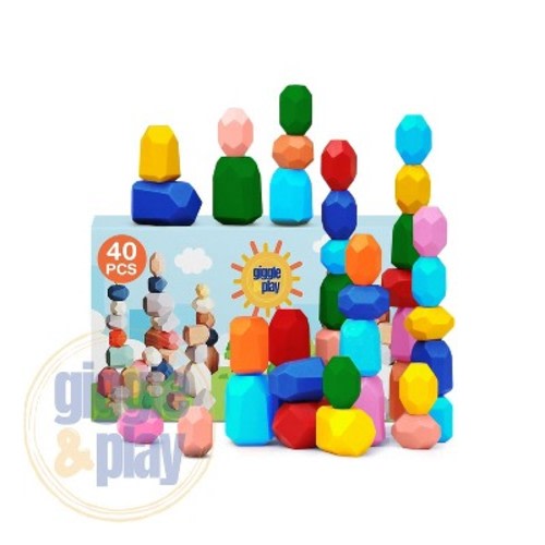 Giggle & Play | 40 Pcs Kids Montessori Learning Wooden Stacking Stone Set Educational