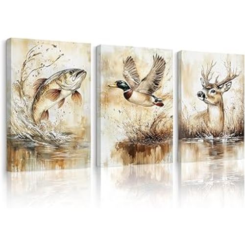 Vintage Animal Wall Art Baby Boy Room Canvas Wall Decor Farmhouse Animal Posters Kids Nursery Hunting Art Prints Rustic Deer Fish Pictures Mallard Duck Painting for Bedroom 16x24x3 Inch Ready to Hang