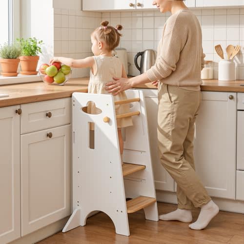 COSYLAND Toddler Tower Toddler Standing Kitchen Stool (NO Wide Back Panel) | Super Stable Toddler Kitchen Tower Helper, 3 Levels Adjustable Wooden Learning Tower for Kids (Natural & White)
