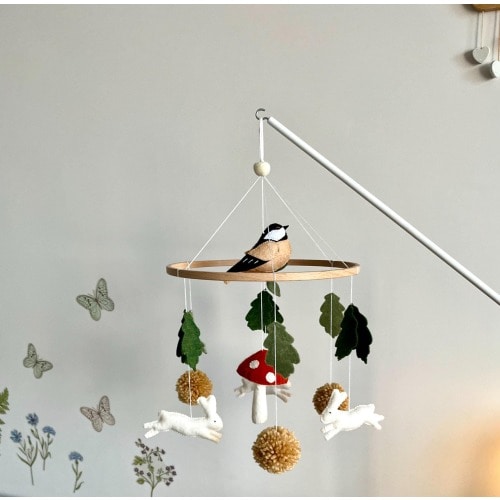 Red mushroom Bunny mobile nursery Bird nursery decor Mushroom mobile Woodland mobile Amanita Nursery baby mobile Rabbit Felt hanging mobile