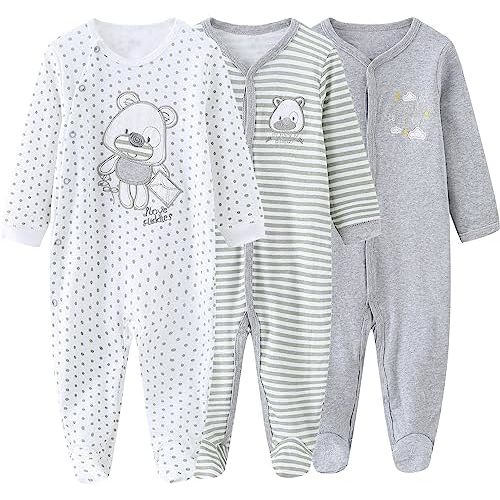 MAMIMAKA Baby Boys Girls Footies One-Piece Romper Long-Sleeve Jumsuit Cotton Newborn Clothes Set 3-Pack Baby Pajamas