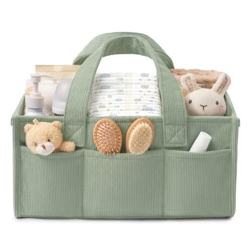 Baby Diaper Caddy Organizer with Handles, Portable Nursery Storage Basket | Corduroy Diaper Bag Car Caddy Organizer Bin for Wipes, Girl Boy Newborn Baby Essentials Shower Gift Registry Search Must Have