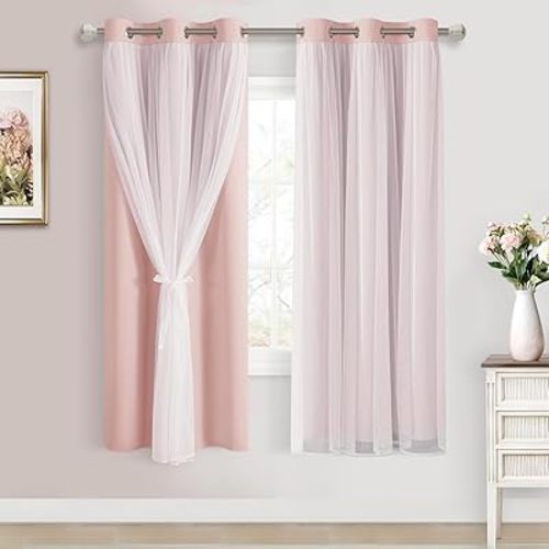 DWCN Layered Curtains Blackout and Sheer Curtains with Tiebacks Grommet Top Window Treatments with Sheer Overlay for Living Room, Girls Bedroom, Nursery, 38 W by 63 L, Rose Blush, 2 Pieces