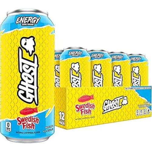 GHOST Energy Drink - 12-Pack, Swedish Fish, 16oz Cans - Energy & Focus & No Artificial Colors - 200mg of Natural Caffeine, L-Carnitine & Taurine - Gluten-Free & Vegan