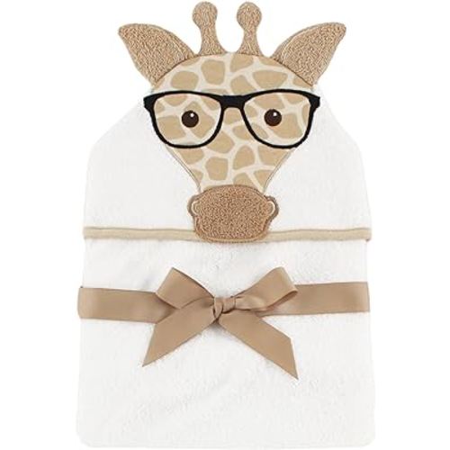 Hudson Baby Unisex Baby Cotton Animal Face Hooded Towel, Nerdy Giraffe, One Size