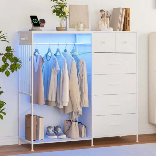 Kicctian Dresser with Hanging Rack and LED Lights, 6-Drawer Closet Organizer with Charging Station,Wide Dresser for Bedroom,White