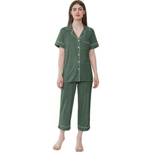 Joyaria Women Bamboo Viscose Capri Pajamas Set Cooling Button Down Pjs Short Sleeve Sleepwear Soft Loungewear S-XXL