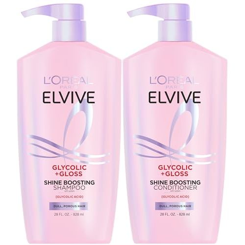 L'Oreal Paris Elvive Glycolic + Gloss Shine Boosting Shampoo and Conditioner Set, Cleanses and Smooths Dull, Porous Hair Into High-Shine, Glossy Hair, 56 Fl Oz Set