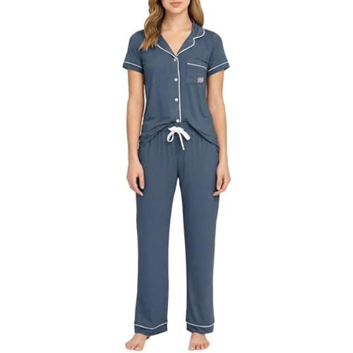 BORN Womens Button Down Pajama Set, Short Sleeve PJ Set with Pants | Soft & Breathable