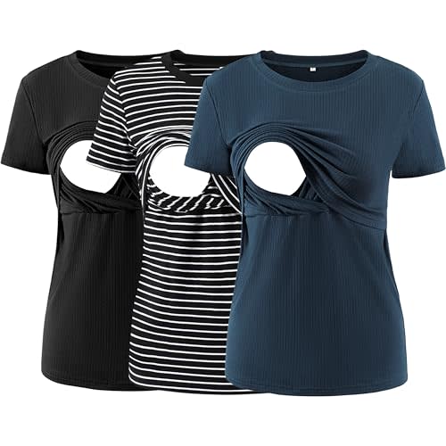 Liu & Qu Women's Maternity Nursing Tops Rib Short Sleeve Breastfeeding Shirts Maternity Clothes 3-Pack