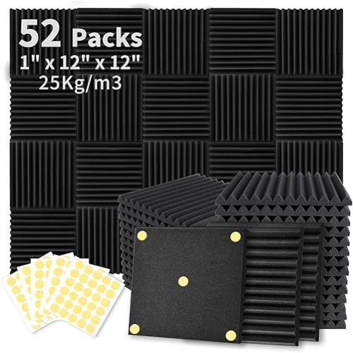 Focusound 52 Pack Acoustic Foam Panels 1" x 12" x 12" Sound Proof Foam Panles Soundproofing Noise Cancelling Wedge Panels for Home Office Recoding Studio with 300PCS Double-Side Adhesive