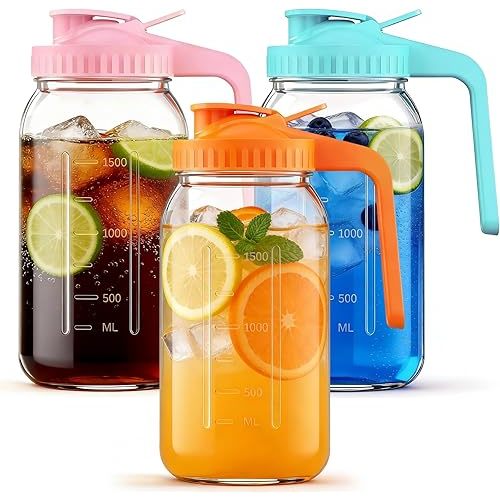 3-Pack 64oz Glass Mason Jar Pitchers with Leak-Proof Lids and Handles – Wide Mouth Design for Sun Tea, Cold Brew, Lemonade, Juice, Iced Tea, and Water (Green&Pink&range)