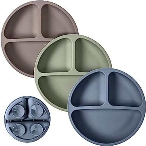 WeeSprout Suction Plates for Babies & Toddlers - 100% Silicone, Dinnerware Stays Put, Divided Design for Picky Eaters, Microwave & Dishwasher Friendly, 3 Pack