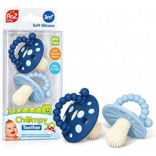 RaZbaby Soft Silicone Infant & Baby 3M+ Teether Toy Massaging Bristles Teething Relief Pacifier - Soothes Sore Gums - Hands-Free & Easy-to-Hold Chompy Teether, BPA Free (Power/Dark Blue)