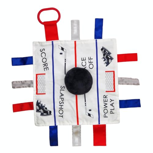 Baby Jack & Co 10x10” Hockey Puck Ice Rink Slapshot Lovey Tag Toy - Crinkle Toy for Developing 5 Senses - Soother - Learn Shapes & Colors - Travel Gift - BPA Free w/Stroller Clip